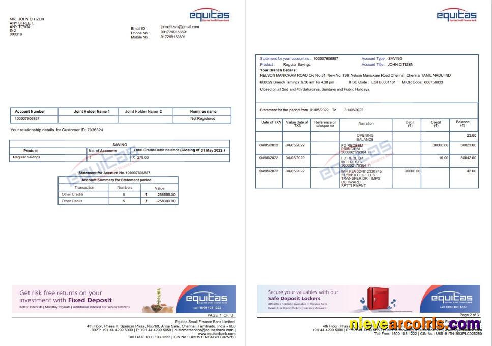 India Equitas bank statemnet 3 pages